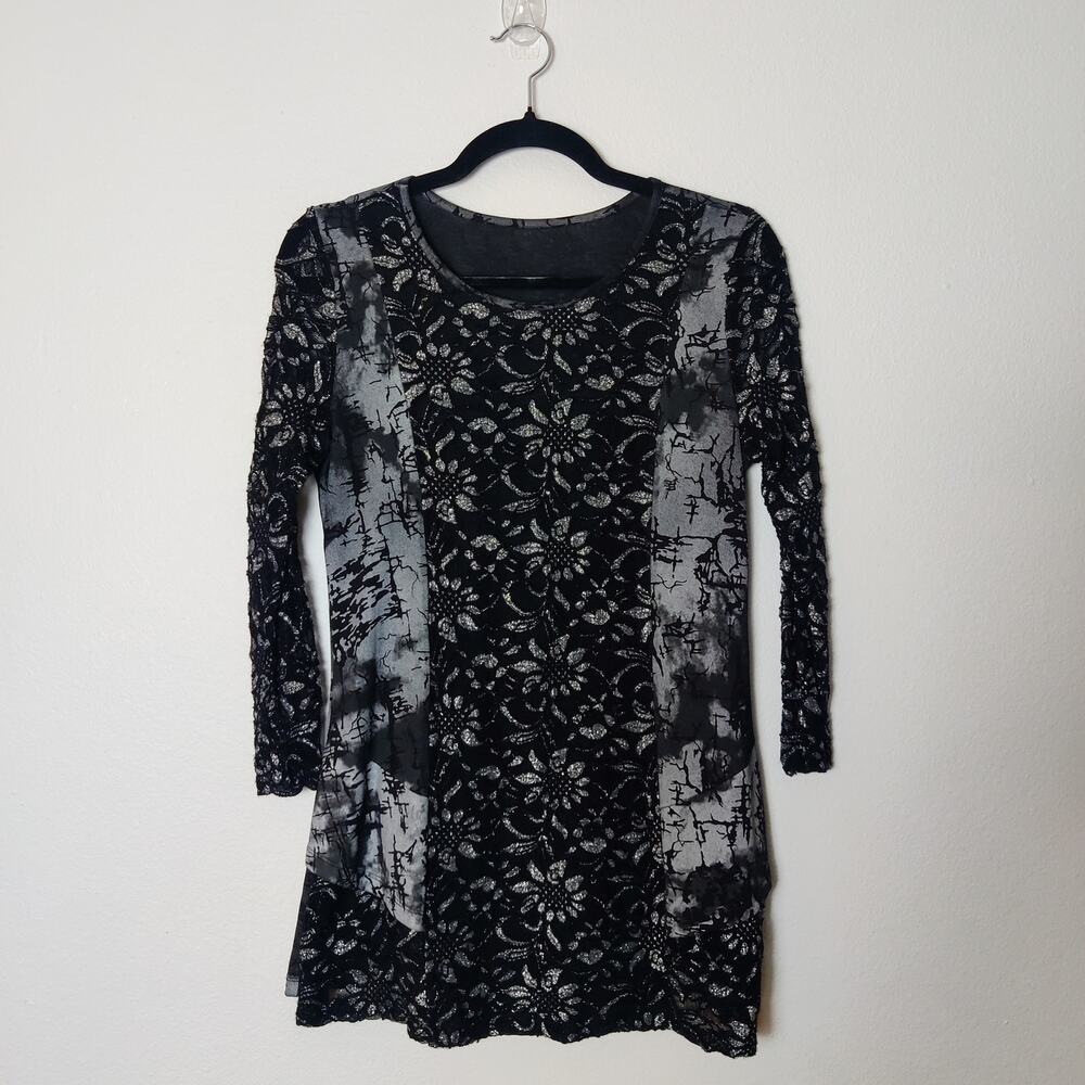 Vintage Y2K Black Silver Lace Mixed Media Fairy Whimsigoth Top Small Medium